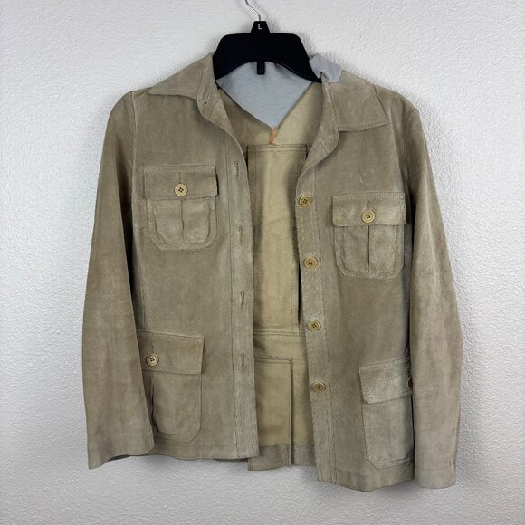 Theory Vintage Beige Leather Suede Button Front Pockets Shirt Jacket Size Small - Picture 1 of 9